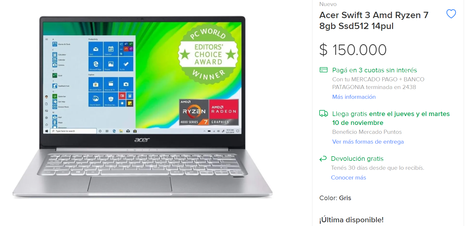 Precio Promedio en Mercado libre de la Acer Swift 3 SF314-42 AR$ 150.000