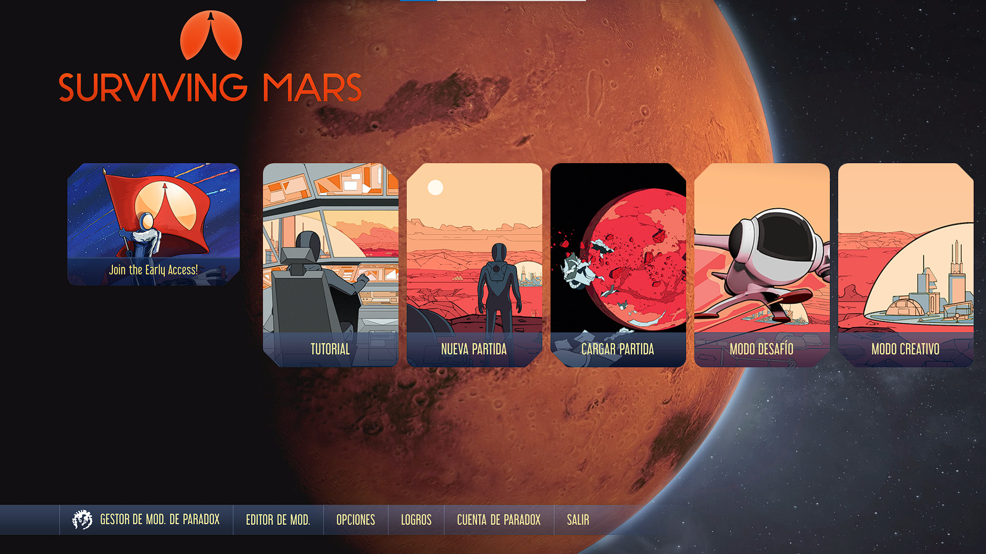 Pantalla de inicio de Surviving Mars