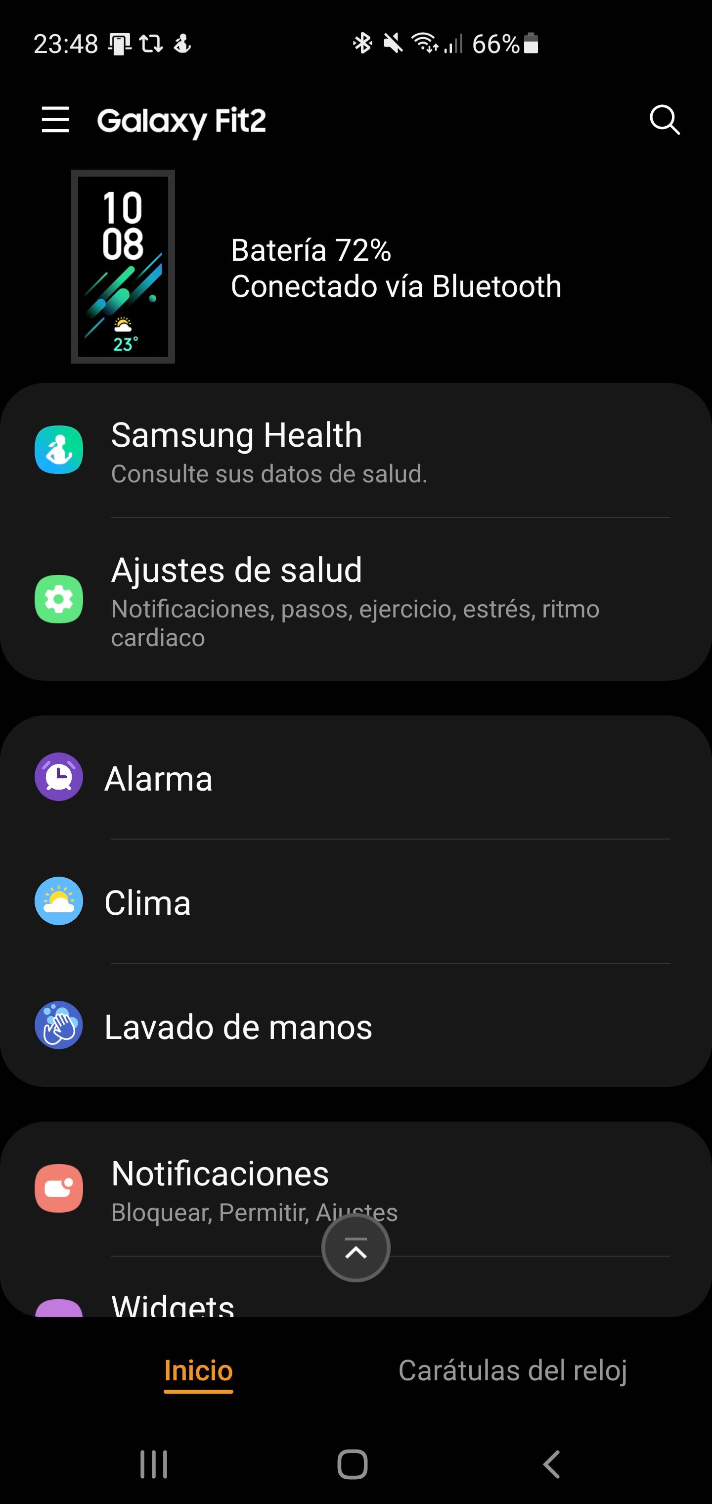 Emparejado con Wear y Health y el nivel de batería luego de tres días de uso