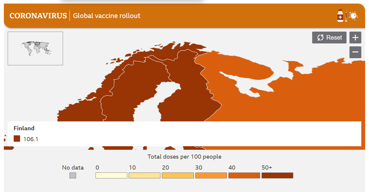 Dosis por cada 100 habitantes en finlandia. Fuente:BBC