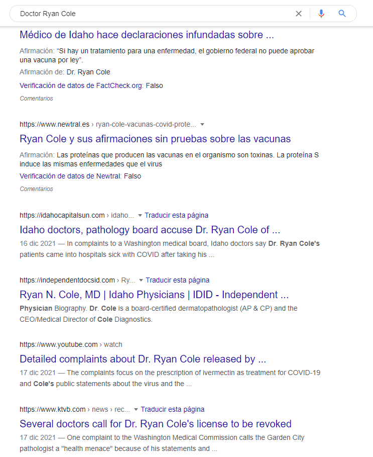 Búsqueda sobre Ryan Cole en Google