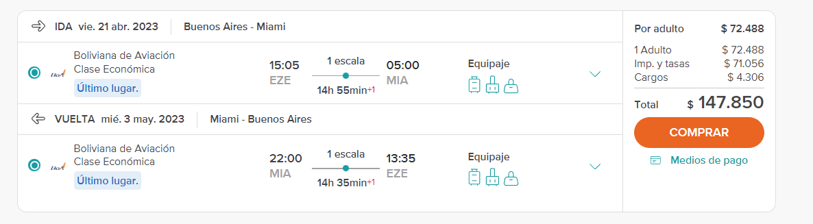 Viaje a Miami en Boliviana de Aviación con 2 escalas Agosto 2022