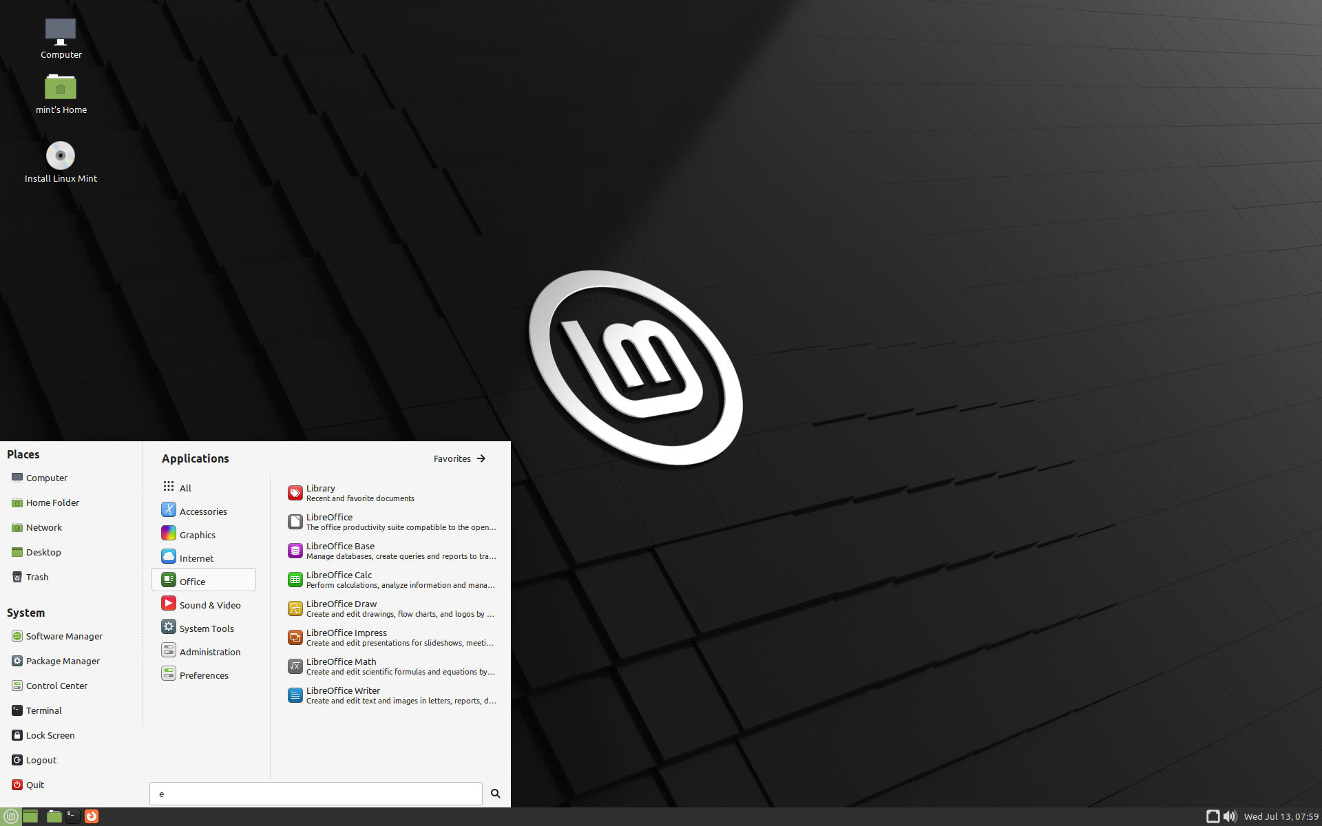 Escritorio de Linux Mint Vanessa recién instalado en inglés.