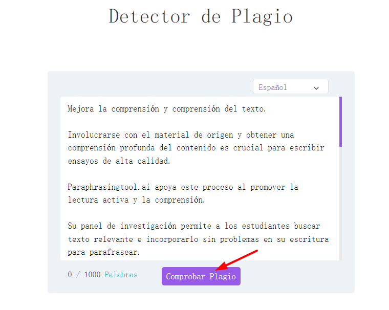Iniciar el análisis de plagio haciendo clic en el botón "Comprobar plagio"