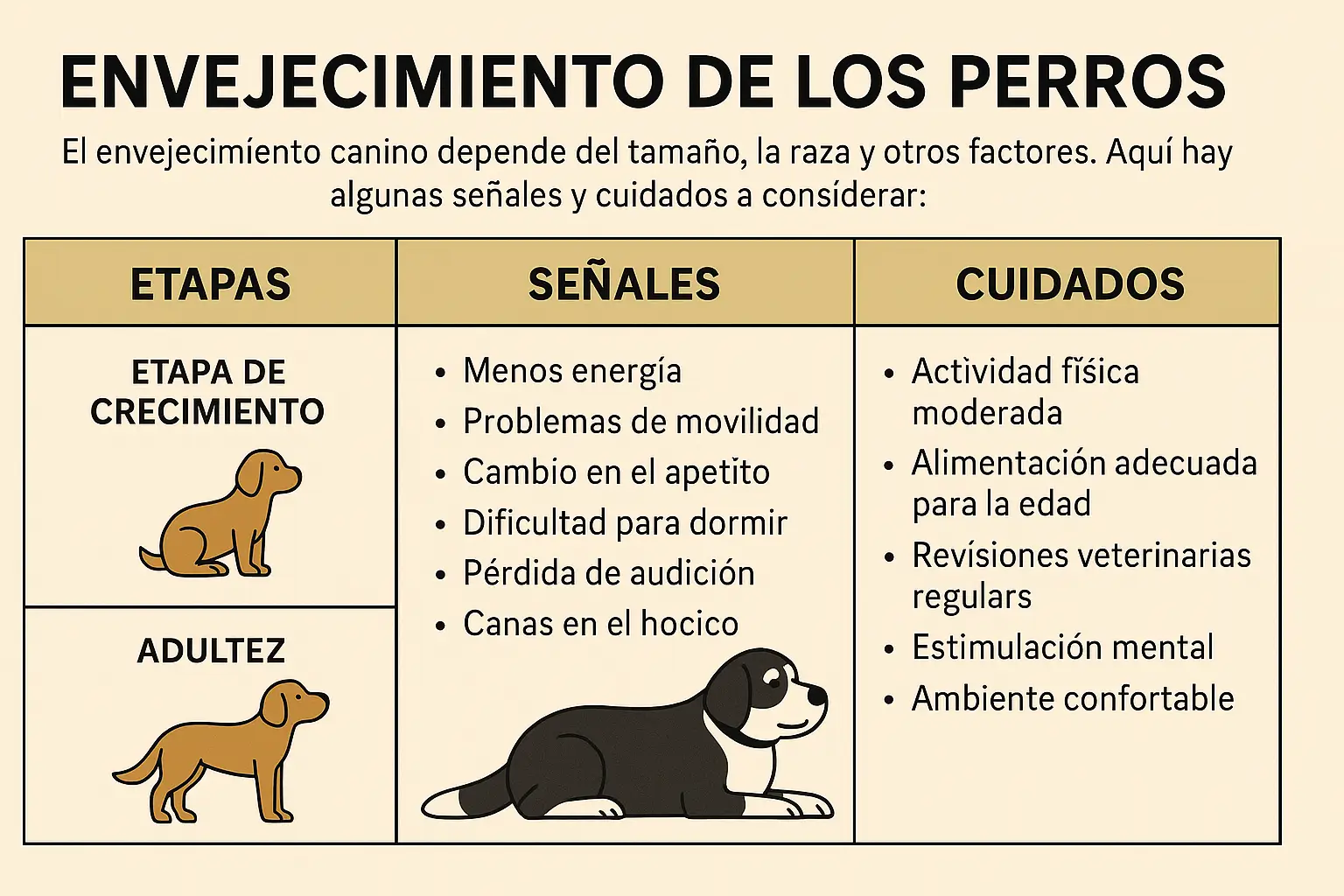 Guía visual sobre las etapas, señales y cuidados del envejecimiento canino.