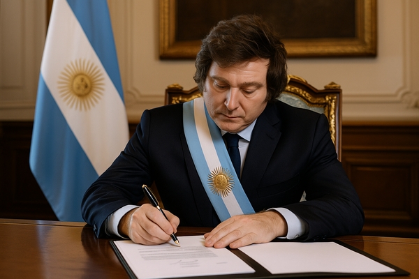 Milei firmando el veto presidencial en la Casa Rosada