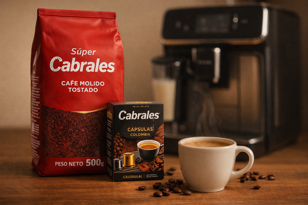 Granos y taza de Café Cabrales en una barra de desayuno.